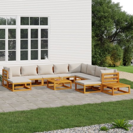 Set muebles jardín 12 pzas madera maciza y cojines gris claro
