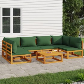 Juego muebles de jardín 7 piezas madera maciza y cojines verdes