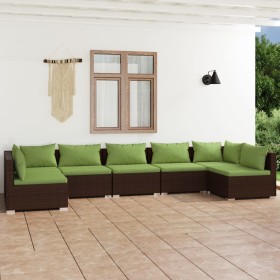 Set muebles de jardín 7 piezas y cojines ratán sintético marrón