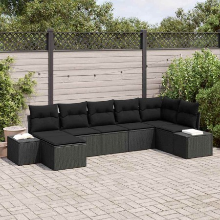 Conjunto de sofá de jardín con cojín 7 pcs Negro Poliratán