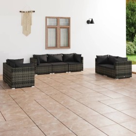 Set de muebles de jardín 7 pzas y cojines ratán sintético gris