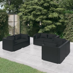 Set de muebles de jardín 6 pzas y cojines ratán sintético negro