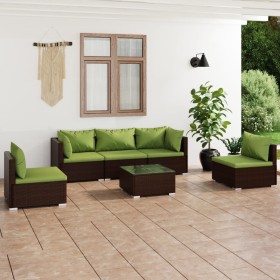 Set muebles de jardín 6 piezas y cojines ratán sintético marrón