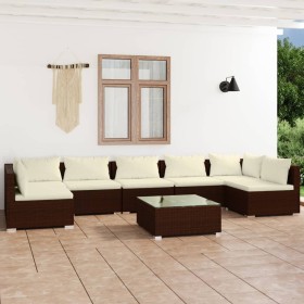 Set muebles de jardín 8 piezas y cojines ratán sintético marrón