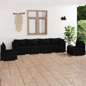 Set de muebles de jardín 6 pzas y cojines ratán sintético negro