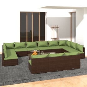 Set muebles de jardín 13 piezas cojines ratán sintético marrón