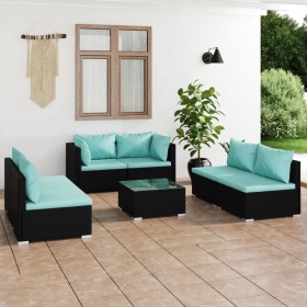 Set de muebles de jardín 7 pzas y cojines ratán sintético negro