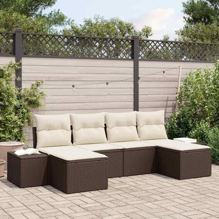 Conjunto de sofá de jardín con cojín 6 pcs Marrón Poliratán