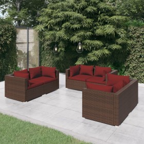 Set muebles de jardín 6 piezas y cojines ratán sintético marrón