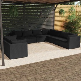 Set de muebles de jardín 9 pzas y cojines ratán sintético negro