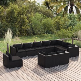 Set de muebles de jardín 10 pzs y cojines ratán sintético negro