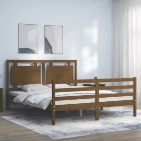 Estructura de cama matrimonio con cabecero madera marrón miel