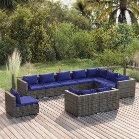 Set de muebles de jardín 10 pzas y cojines ratán sintético gris