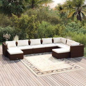 Set muebles de jardín 9 piezas y cojines ratán sintético marrón