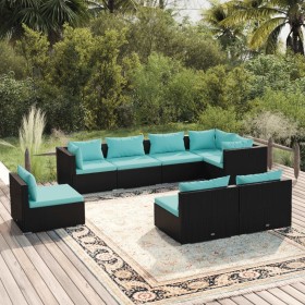 Set de sofás de jardín 8 piezas y cojines ratán sintético negro