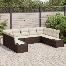 Conjunto de sofá de jardín con cojín 9 pcs Marrón Poliratán