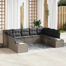 Conjunto de sofá de jardín con cojín 9 pcs Gris Poliratán
