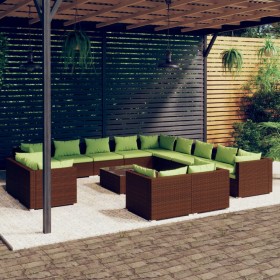 Set muebles de jardín 14 piezas cojines ratán sintético marrón