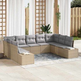 Conjunto de sofá de jardín con cojín 9 pcs Beige Poliratán
