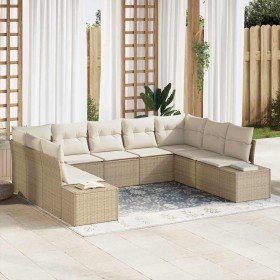 Conjunto de sofá de jardín con cojín 9 pcs Beige Poliratán
