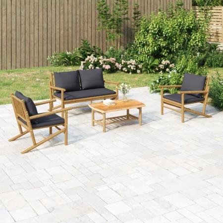 Set de muebles de jardín 4 piezas bambú con cojines gris oscuro
