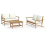 Set de muebles de jardín 3 piezas bambú y cojines blanco crema