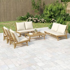 Set de muebles de jardín 5 piezas bambú y cojines blanco crema