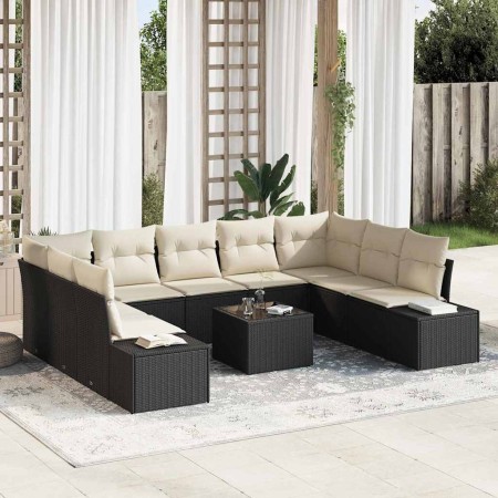 Conjunto de sofá de jardín con cojín 10 pcs Negro Poliratán