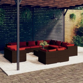 Set muebles de jardín 13 pzas y cojines ratán sintético marrón