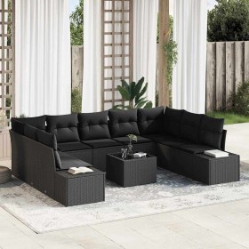 Conjunto de sofá de jardín con cojín 10 pcs Negro Poliratán
