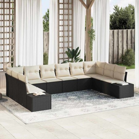 Conjunto de sofá de jardín con cojín 10 pcs Negro Poliratán