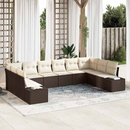 Conjunto de sofá de jardín con cojín 10 pcs Marrón Poliratán