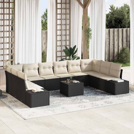 Conjunto de sofá de jardín con cojín 11 pcs Negro Poliratán
