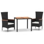Set comedor de jardín 3 pzas con cojines ratán sintético negro