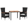 Set comedor de jardín 3 pzas con cojines ratán sintético negro