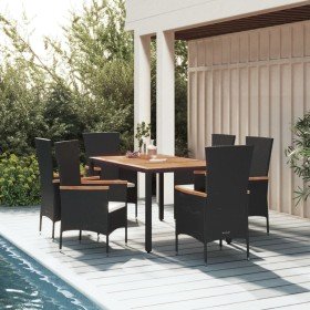 Set de comedor de jardín 7 pzas y cojines ratán sintético negro Set de comedor de jardín 7 pzas y cojines ratán sintético negro