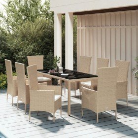 Set comedor de jardín 9 pzas con cojines ratán sintético beige