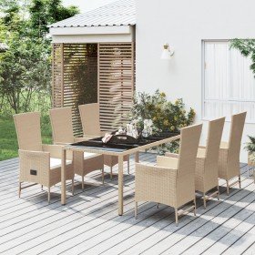 Set comedor de jardín 7 pzas con cojines ratán sintético beige