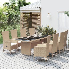 Set comedor de jardín 9 pzas con cojines ratán sintético beige