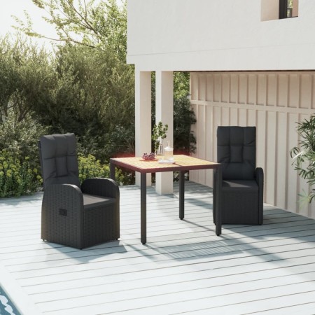 Set comedor de jardín 3 pzas con cojines ratán sintético negro
