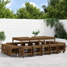 Set de comedor de jardín 17 pzas madera maciza pino marrón miel