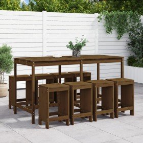 Mesa y taburetes altos de jardín 9 pzas madera pino marrón miel