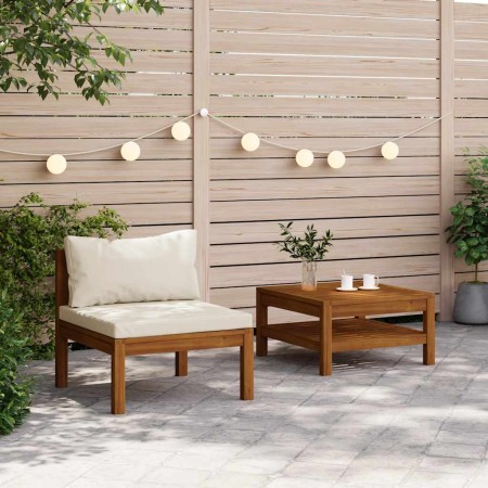 Juego de sofá 2 pzas con cojines blanco crema madera de acacia
