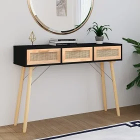 Console table solid pine wood black natural rattan 105x30x75cm by vidaXL, Side tables - Ref: Foro24-345628, Price: 140,94 €, ...