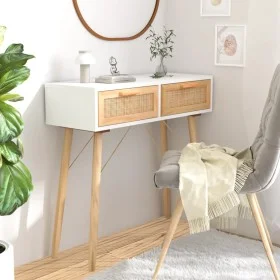 Solid pine wood console table white natural rattan 80x30x75cm by vidaXL, Side tables - Ref: Foro24-345624, Price: 104,37 €, D...