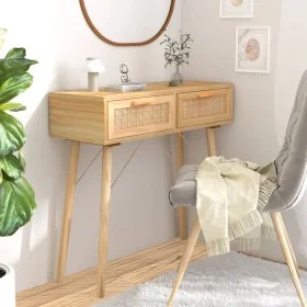 Solid pine wood console table natural brown rattan 80x30x75cm by vidaXL, Side tables - Ref: Foro24-345626, Price: 102,80 €, D...
