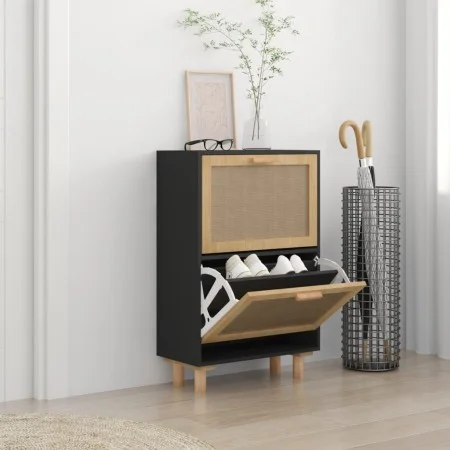 Black plywood shoe rack with natural rattan, 52x25x80 cm by vidaXL, Shoe racks and shoe organizers - Ref: Foro24-345646, Pric...