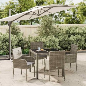 Set comedor de jardín 5 piezas con cojines ratán sintético gris