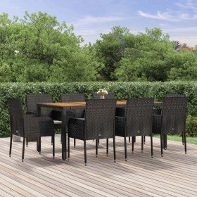 Set de comedor de jardín 9 pzas y cojines ratán sintético negro