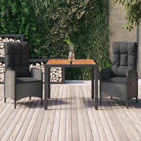 Set comedor de jardín 3 pzas con cojines ratán sintético negro